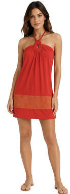 ROBERTA FREYMANN RED HALTER MINI DRESS SIZE L GOLD TRIM 100% COTTON